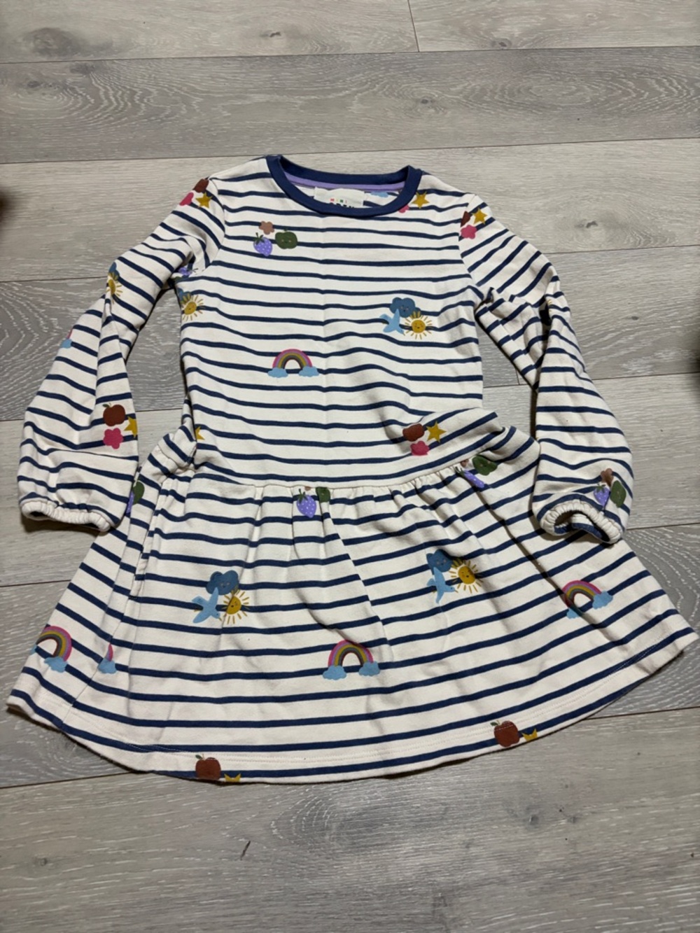 Mini Boden Navy & White Striped Dress with Rainbow and Sun Motifs